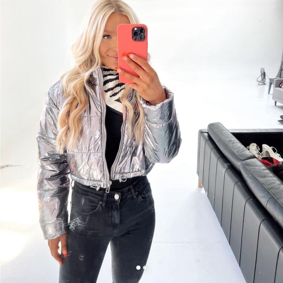 Silver Puffer Jacket | Cropped Puffer Jacket | Gunmetal Puffer Jacket - Picture 1 of 4